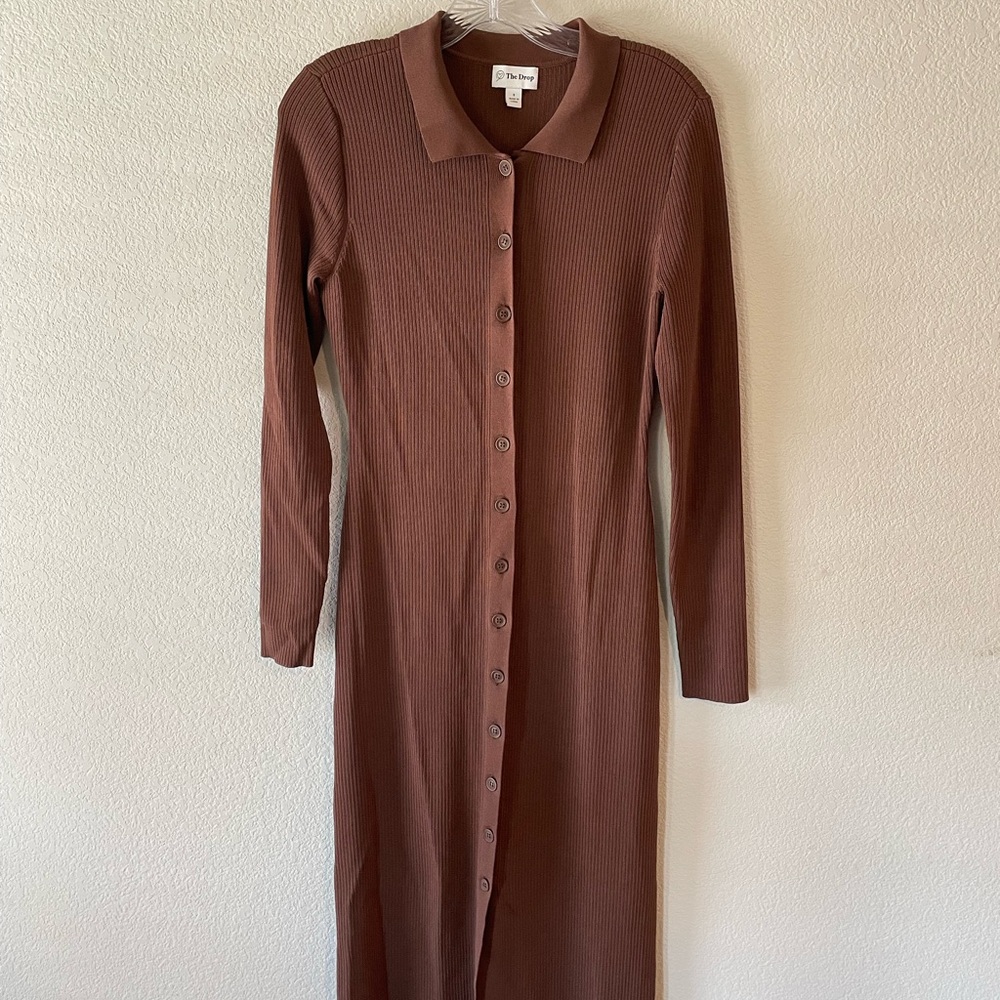 Long Sleeve Brown Ribbed Button-Front Collar Dress